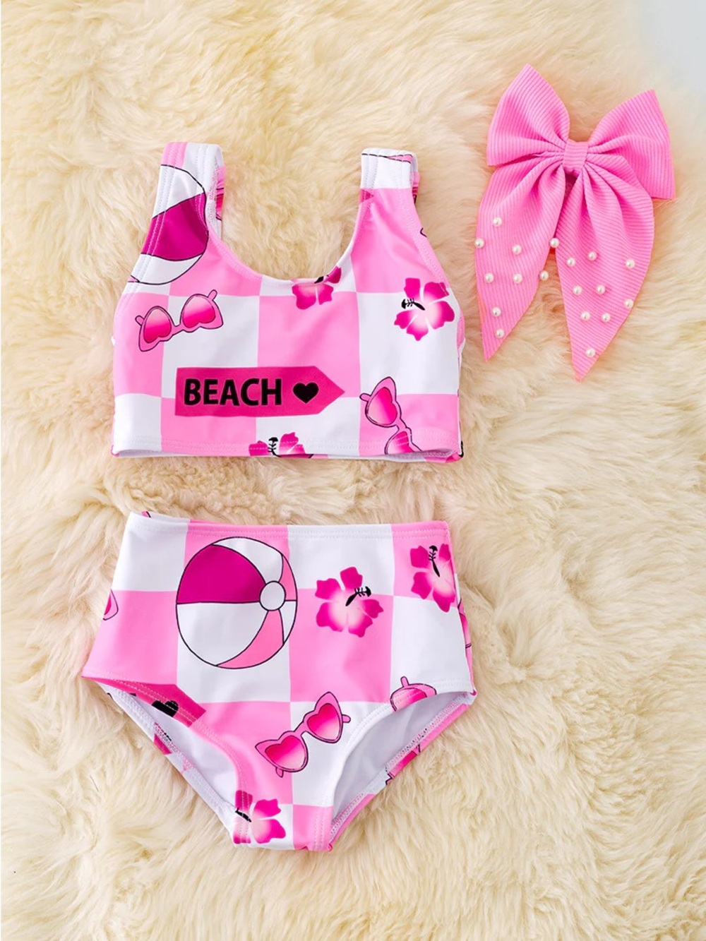 Kids Pink Beach Print Two-Piece Swim Set